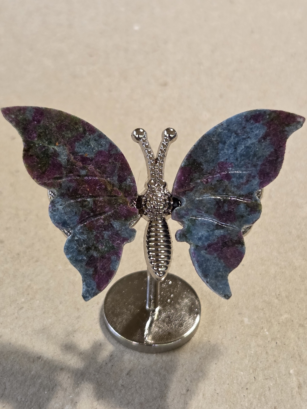 Ruby In Kyanite Crystal Butterfly Wings On Metal Body Stand Decor